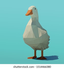 Vector polygonal duck standing in shallow water. Low poly 3d vector illustration.