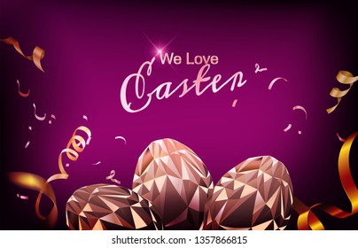 Vector Polygonal Easter Egg  with ribbon and  confetti. Great for card, website banner, background, wallpaper or template design.