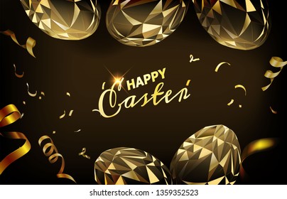 Vector Polygonal Easter Egg  with ribbon and  confetti. Great for card, website banner, background, wallpaper or template design.