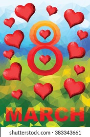 vector polygonal eight number with hearts on abstract background