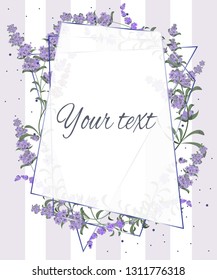 Vector polygonal frame with flowers of lavender. Template for wedding invitation. All elements are isolated.