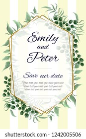 Vector polygonal frame for invitation. Template of green leaves, berries and twigs. All elements are isolated. Beige striped background. 