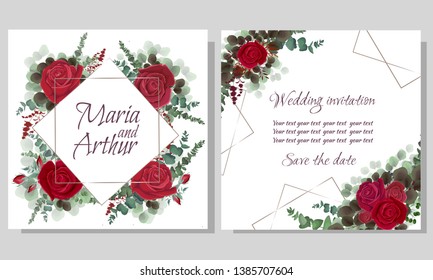 Vector polygonal frame. Red roses, lavender silhouette, dark and light leaves. Wedding invitation template. All elements are isolated.