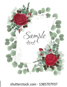 Vector polygonal frame. Red roses, lavender silhouette, dark and light leaves. Wedding invitation template. All elements are isolated.