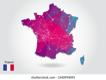 Vector polygonal france map. Low poly design. map made of triangles on white background. geometric rumpled triangular low poly style gradient graphic, line dots, UI design.