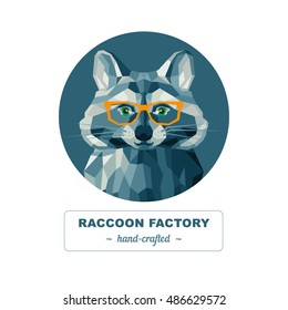 Vector polygonal geometric face of a cute raccoon with bright glasses in circle. For logo, sticker, label or icon. Low poly raccoons logo for hand crafted factory.