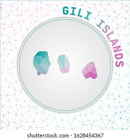 Vector polygonal Gili Islands map. Map of the island with network mesh background. Gili Islands illustration in technology, internet, network, telecommunication concept style.