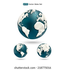 Vector polygonal Globe. Modern geometric Planet earth set made with triangles in different views of the continents for infographics. 