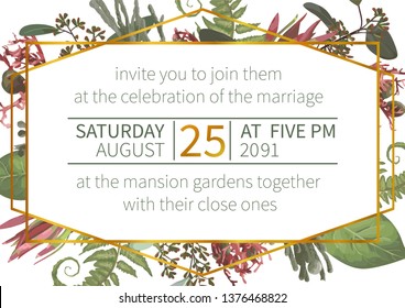 Vector polygonal gold frame with flowers, leaves of a forest fern, gaultheria, jatropha and eucalyptus branches, leucadendron on a white background. Suitable for wedding invitations, postcards