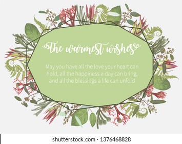 Vector polygonal gold frame with flowers, leaves of a forest fern, gaultheria, jatropha and eucalyptus branches, leucadendron on a gray background. Suitable for wedding invitations, postcards