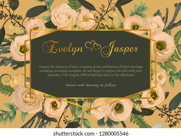 Vector polygonal gold frame with leaves of a forest fern, boxwood, brunia eucalyptus branches and flowers eustoma cream. on a orange background. Wedding invitations, postcards, posters
