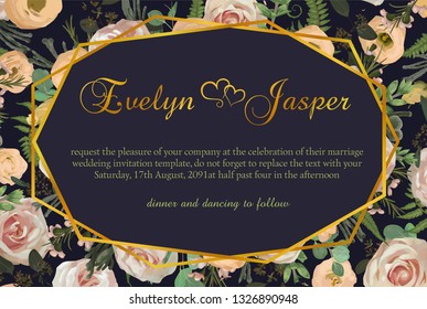 Vector polygonal gold frame. Pink rose flowers, eustoma cream, brunia, green fern, eucalyptus, branches buxuss on a blue background. Suitable for wedding invitations, postcards, certificates
