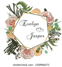 Vector polygonal gold frame. Pink rose flowers, eustoma cream, brunia, green fern, eucalyptus, branches buxuss on a white background. Suitable for wedding invitations, postcards, certificates
