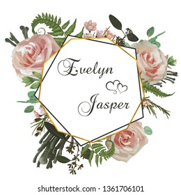 Vector polygonal gold frame. Pink rose flowers, cream, brunia, green fern, eucalyptus, branches buxuss on a white background. Suitable for wedding invitations, postcards, certificates