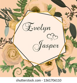 Vector polygonal gold frame. Pink flowers, eustoma cream, brunia, green fern, eucalyptus, branches buxuss on a white background. Suitable for wedding invitations, postcards, certificates
