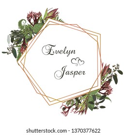 Vector polygonal gold frame. Plants, leaves, branches, brunia, blooming eucalyptus, leucadendron, gaultheria, salal, jatropha on a white background. Suitable for wedding invitations, postcards