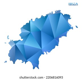 Mapa vectorial de Ibiza polígona. Isla geométrica vibrante con un estilo de polos bajo. Ilustración moderna para sus infografías. Tecnología, Internet, concepto de red.