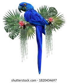 Vektorpolygonal illustriert Zeichnung des Hyacinth Macaw-Vogels mit Amazon-Waldpflanzen auf weißem Hintergrund.