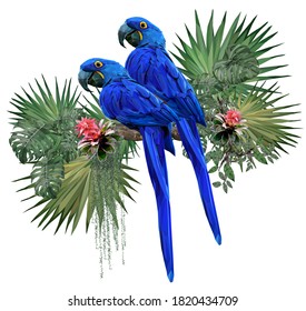 Vector polygonal illustrate drawing of Hyacinth macaw bird with Amazon forest plants in white background.