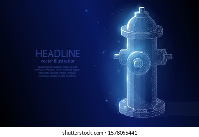 Vector polygonal illustration of 3d concept, fire hydrant, on a dark blue background, symbolizes the source of water, flow, fire safety.