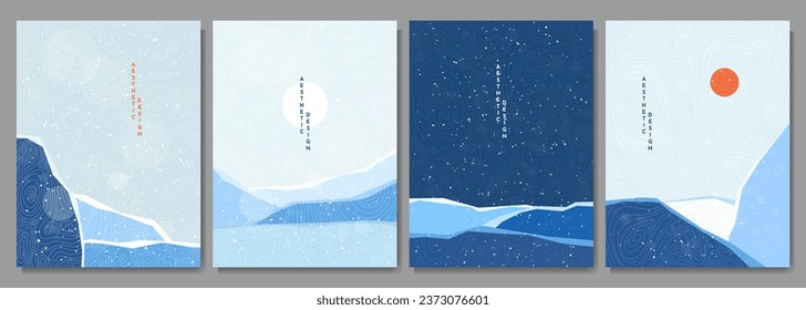 Vector polygonal illustration. Abstract flat minimalist design landscape set. Winter cold snowy season. Japanese line pattern. Vintage nature graphic. Day, night scene. Clear sky. Mountains, forest