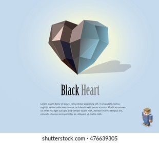 Vector polygonal illustration of black heart, modern art, isometric man character