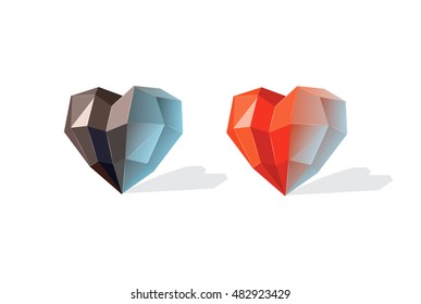 Vector polygonal illustration of black heart and red heart, modern love icons, low poly style, white background, Valentine's Day