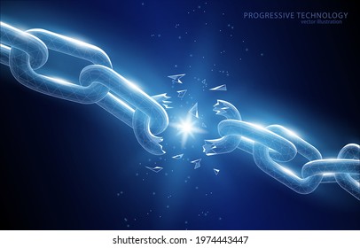 
Vector polygonal illustration broken chain dark blue background: the end chain events  partnership  friendship relationship  the end the old  liberation from the shackles 