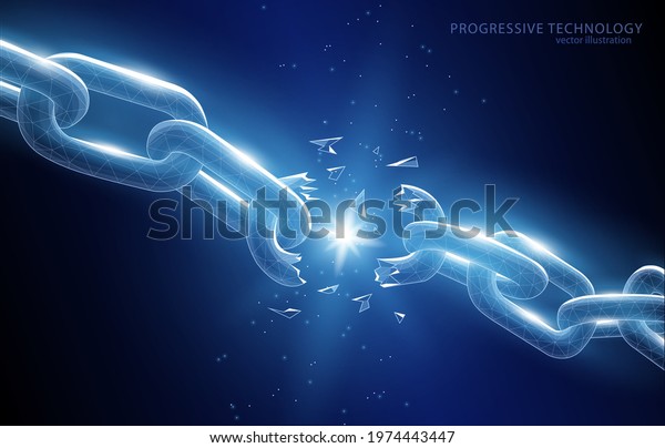 \
Vector polygonal illustration of a broken\
chain on a dark blue background: the end of a chain of events,\
partnership, friendship or relationship, the end of the old,\
liberation from the\
shackles.