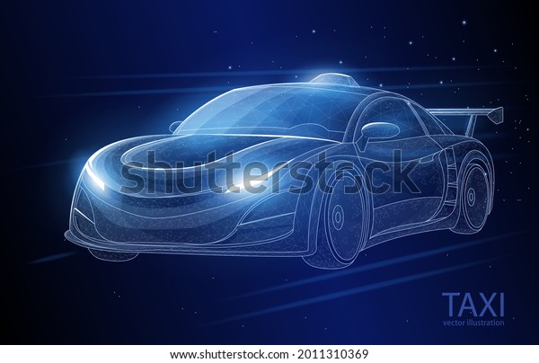 \
Vector polygonal\
illustration of a car taxi on a dark blue background, transport,\
logistics, business.
