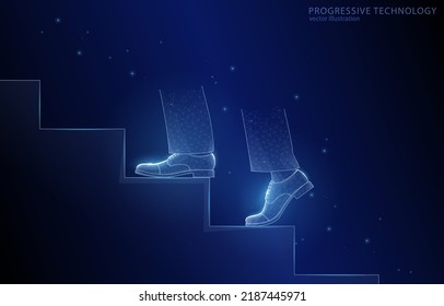 Concepto de ilustración policonal vectorial, escalar escaleras sobre fondo azul oscuro, símbolo de logro de objetivos, éxito, formación, crecimiento, motivación, carrera, en negocios o deporte.