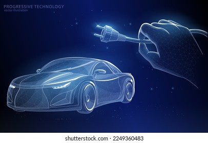 Vector polygonal illustration concept electric car hand holding plug symbol charging, technology development, innovation, future, zero emission, green energy.