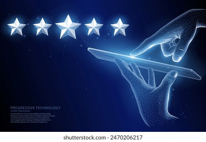 Vector polygonal illustration concept, electronic device in hands smartphone, tablet, online star rating, five star rating, quality reviews, highest rating.