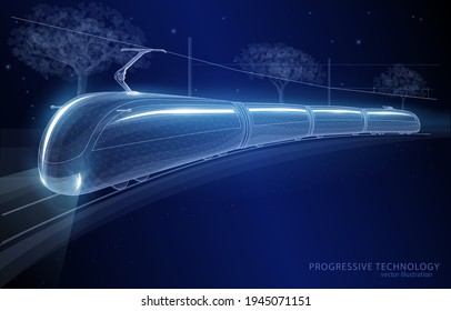 
Vector polygonal illustration concept, futuristic tram on a dark blue background, transport, technology, infrastructure.