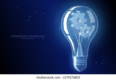 Vector polygonal illustration concept of a gear in a lamp, on a dark blue background, a symbol of creativity, ideas, intellect, teamwork, thinking.