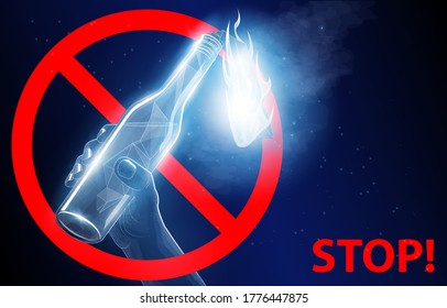 

Concepto de ilustración policonal vectorial, una mano que sostiene un cóctel Molotov en llamas con un signo de prohibición, un símbolo de expresión de descontento, disturbios, agresión, alteración y desobediencia.