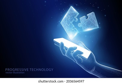 
Vector polygonal illustration concept of a hand holding a phone, over which a puzzle in the form of a hologram, a symbol of technology development, unity, team, achievement of success.