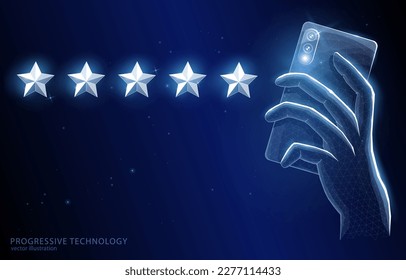 Vector polygonal illustration, the concept of a hand holding a smartphone with five stars, on a blue background, a symbol, online rating review, feedback, quality of service.