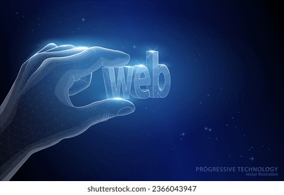 Vector polygonal illustration concept of hand holding text, world wide web, internet, data, e-commerce, banking, block chain, bitcoin, globalization, digital.