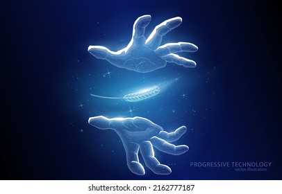 Vector polygonal illustration concept of hands and an ear of grain crop, on a dark blue background, a symbol of farming, food production, agriculture, world food crisis.