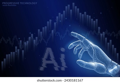 Vector polygonal illustration concept, humanoid robot hand and data graph, symbol of the development of computer technology, machine learning, AI, information analysis.