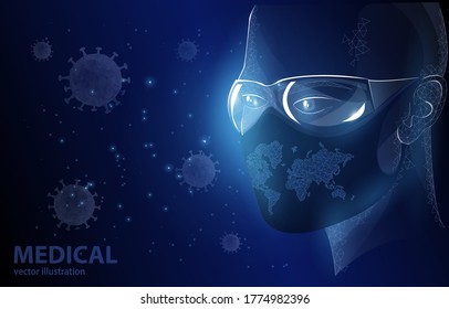 Vector polygonal illustration of the concept of a man in protective glasses and a mask with a world map on a dark blue background with viruses, a symbol of protecting the world from a pandemic.