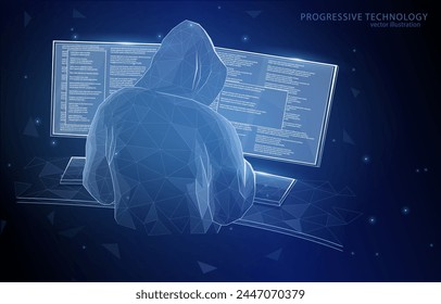 Vector polygonal illustration concept, a man in a hood on his head works at a computer, on a blue background, programming, hacking, databases, internet, information, technology.