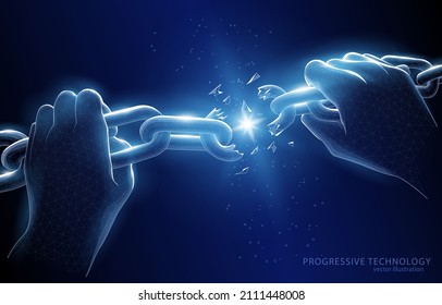 El concepto de ilustración policonal vectorial en un fondo azul oscuro rompe la cadena, un símbolo de liberación, avance, logro, éxito, fuerza y libertad.
