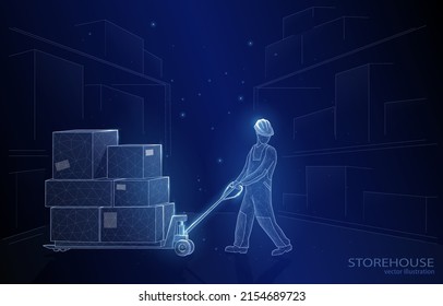 Vector polygonal illustration concept on a dark blue background: a worker moves goods in a warehouse, logistics, delivery, export, import, business.