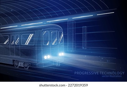 Vector polygonal illustration concept, on a blue background, a subway train arrives at the station, a symbol of logistics, infrastructure, delivery, tourism.