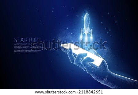 Vector polygonal illustration concept, on a dark blue background, a hand holding a smartphone from which a rocket takes off symbolizing a startup, idea, growth, rise, development.