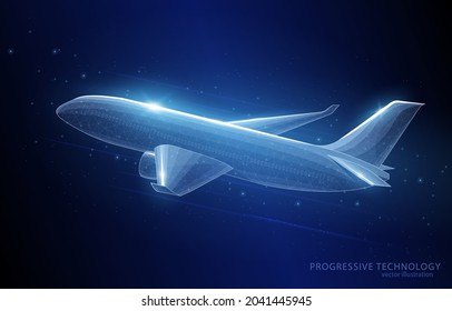 
Vector polygonal illustration concept of a passenger airliner on a dark blue background, aviation, transport, travel business.