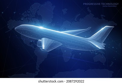 
Vector polygonal illustration concept, passenger plane over the world map, on a dark blue background, air transport, travel, business.