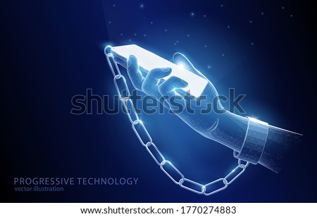 Vector polygonal illustration of a concept phone chained to a hand on a dark blue background symbolizes affection, dependence on gadgets, and the impossibility of doing without them.